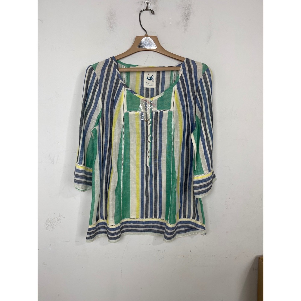 Anthropologie Mermaid Linen Cotton Striped Tunic Top Green Blue Yellow Large